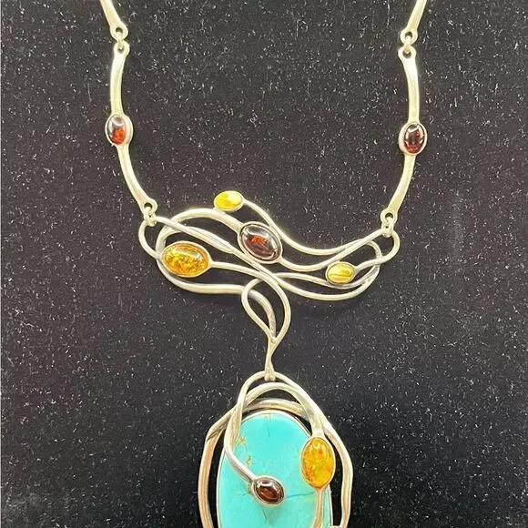 Turquoise and multi color Amber 925 Art Deco design necklace. - Picture 4 of 8